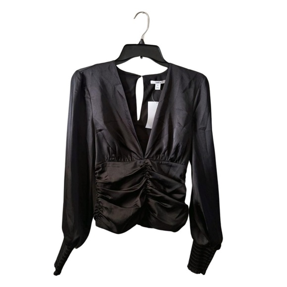 BAR III V-Neck Ruched Blouse size 0 Cupid Button Closure Long Sleeve black - Picture 10 of 15